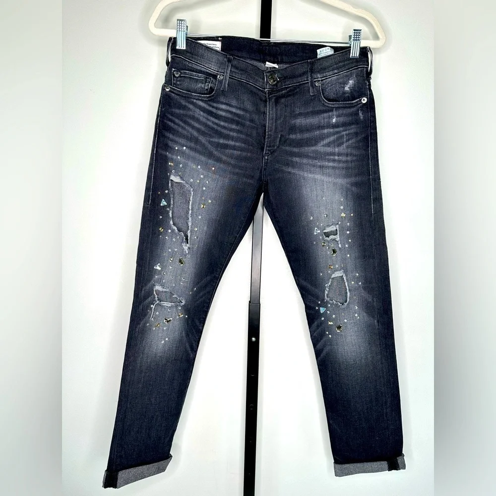 True Religion Women's Low Rise Relaxed Skinny Jeans with Rhinestones distressed
